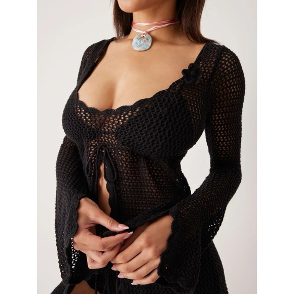 Frankies Bikinis Collette Crochet Tunic Dress Cover Up Linen Cotton Knit Black - Picture 11 of 12